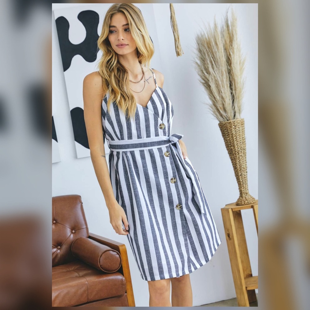 Striped Gray and White Button-Down Dress